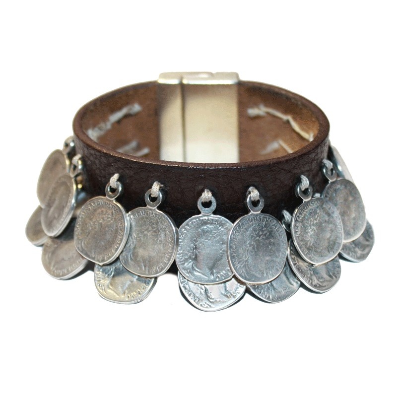 Brazalete moneda y cuero Treasures