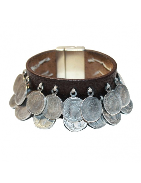 Brazalete moneda y cuero Treasures