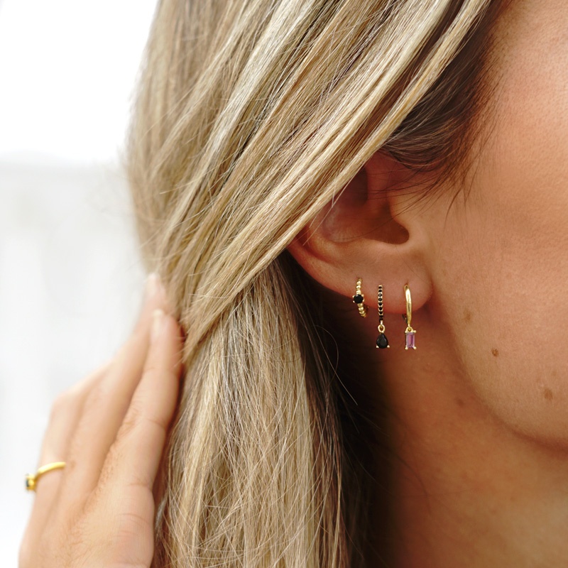 pendiente aro colgante circonita negra oro 2