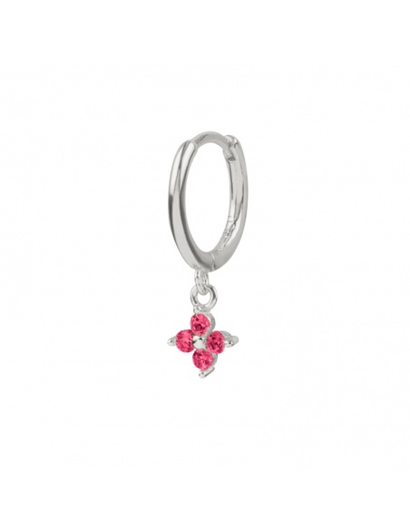 pendiente plata aro flor fucsia