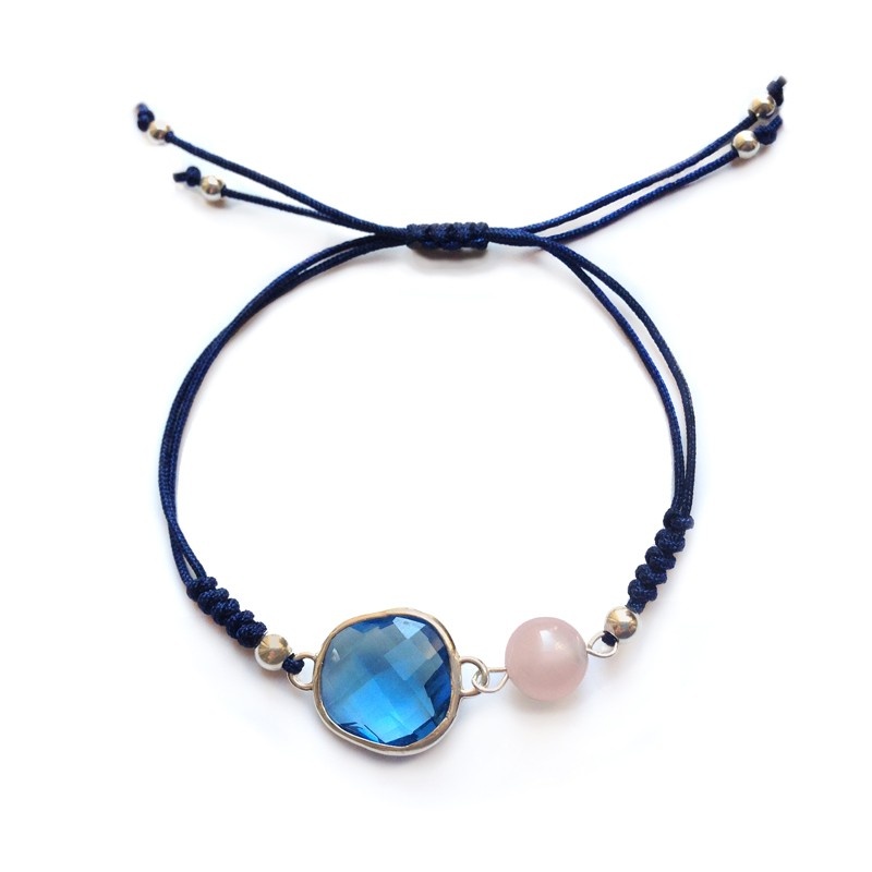 Pulsera de plata, cuarzo rosa, cristal y cordón