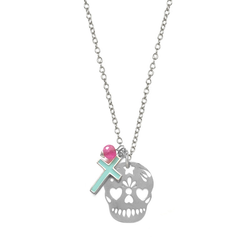 collar calavera plata cruz